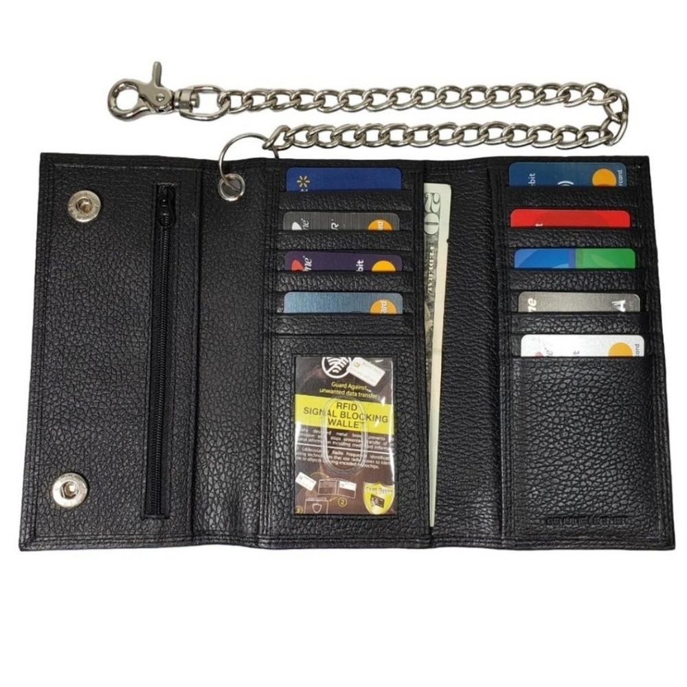 NEW Men's Black Leather Long Motorcylce Biker Chain RFID Wallet in BOX NEW